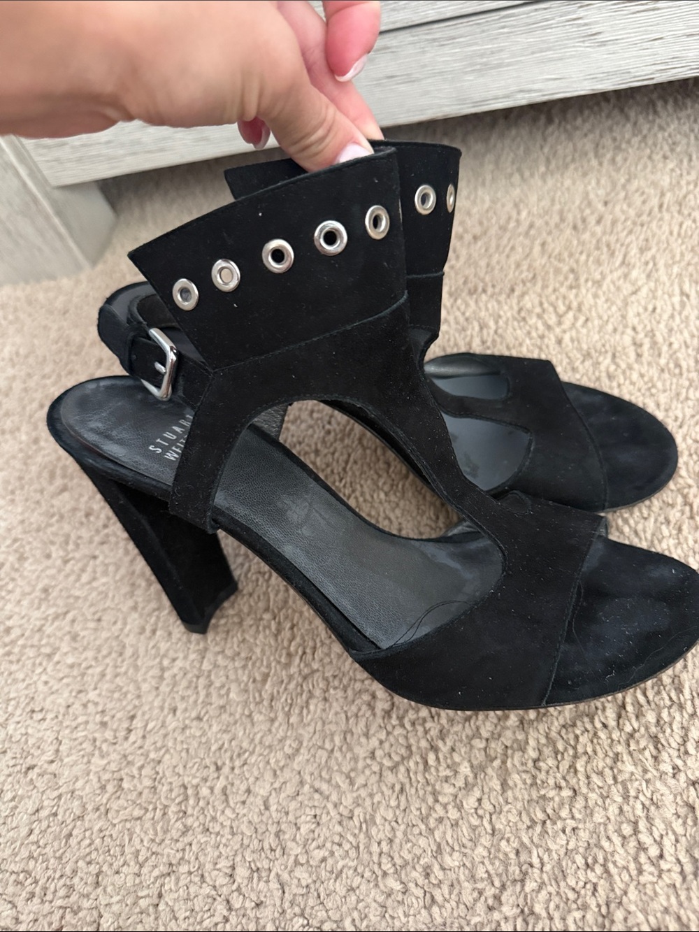Stuart Weitzman Black Suede Grommet Block Sandals